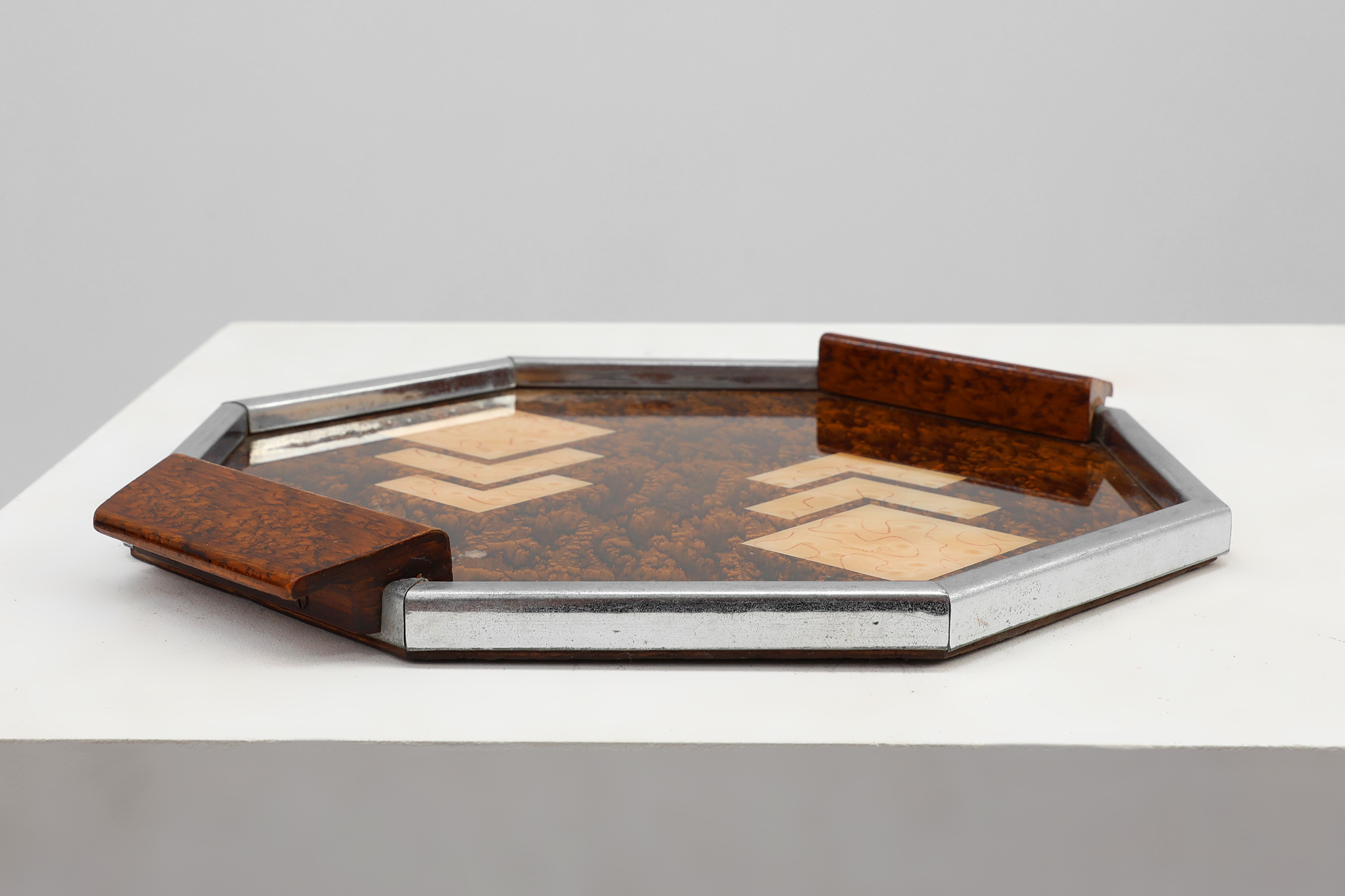Art Deco Whiskey Tray in Metal and Wood, Belgium 1920sthumbnail
